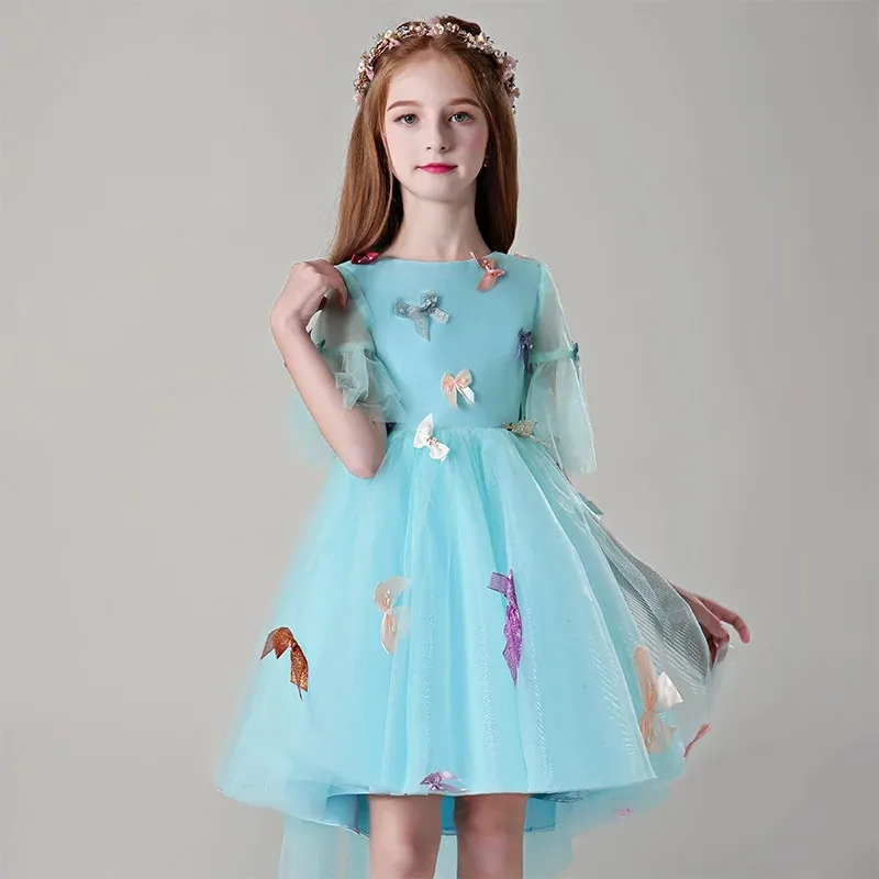 

Summer Spring New Children Girls Elegant Short Sleeves Birthday Evening Party Front Short Back Long Tail Dress Baby Host Dress