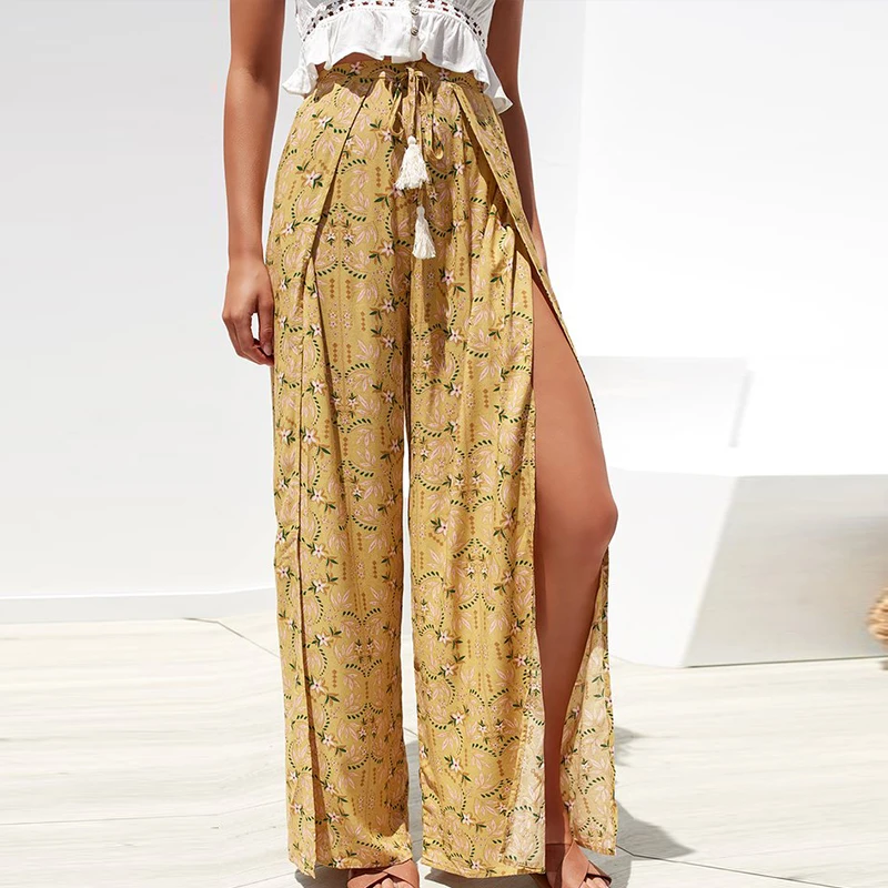 Женские длинные штаны с цветочным принтом, пляжные широкие брюки, женские Капри с высокой талией на шнуровке