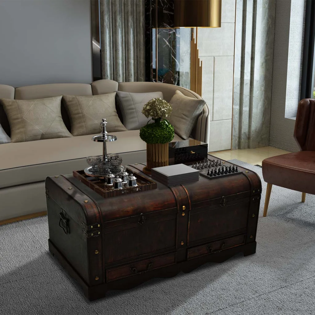 Vintage Large Wooden Coffee Table Treasure Chest Brown Coffee Table Rectangle Living Room Furniture Antique Style Coffee Table