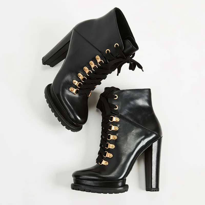 Jesna/женские ботильоны; Брендовая женская обувь черного цвета; вечерние модельные туфли на очень высоком квадратном каблуке со шнуровкой; большие размеры 44