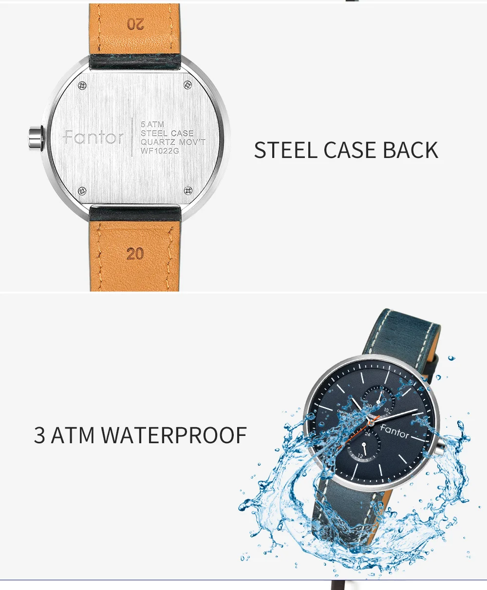 Fantor часы с хронографом, мужские Ультра-тонкие Топ брендовые модные повседневные синие кожаные кварцевые наручные часы, мужские водонепроницаемые часы