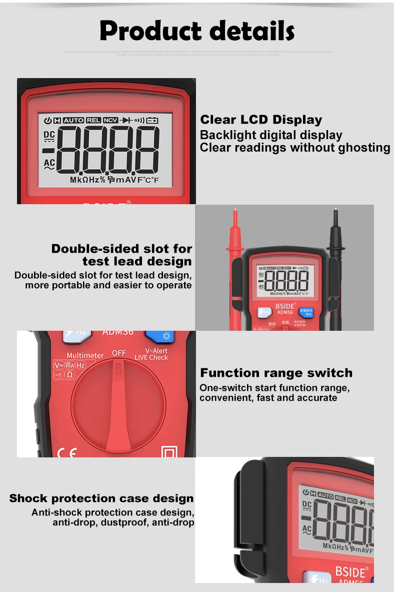 BSIDE ADMS6 Умный Цифровой мультиметр, Интеллектуальный Автоматический диапазон, мини 6000 DMM, автоматический Ом Гц, v-оповещение, NCV Карманный тестер
