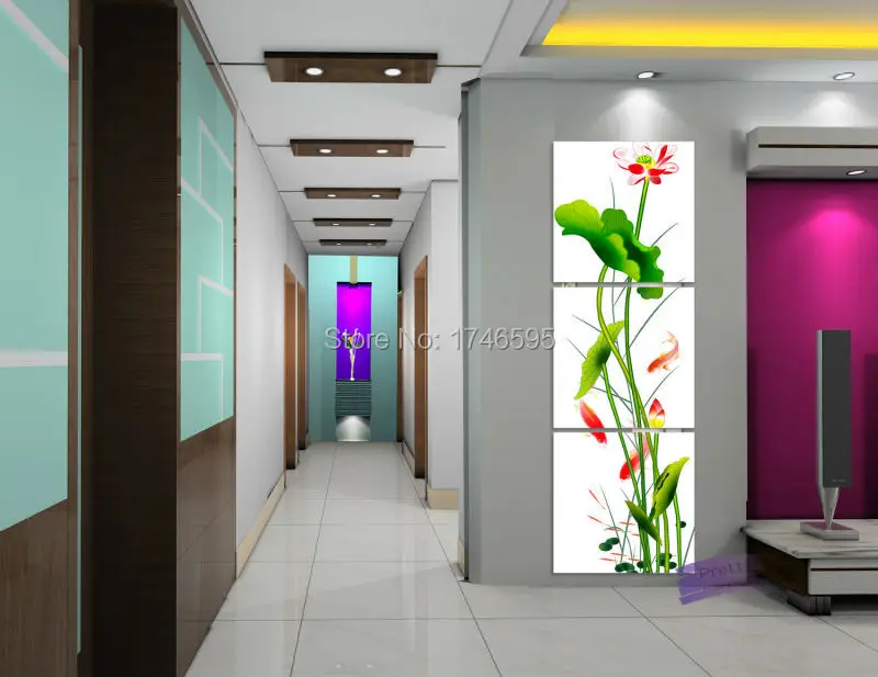 

3pcs Big modern Abstract home decor green Wall Art Picture Canvas Art printed Fish lotus flower printed oil Painting on Canvas