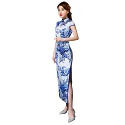 Шанхай история короткий рукав Qipao длинное китайское платье Весна Cheongsam синий и белый фарфор печати Qipao платье для женщины