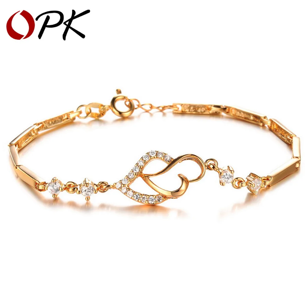 

OPK JEWELRY Luxury Gold Color Bracelet Classic Double Heart Chain Inlaid Cubic Zircon High Quality Women Jewelry, 412
