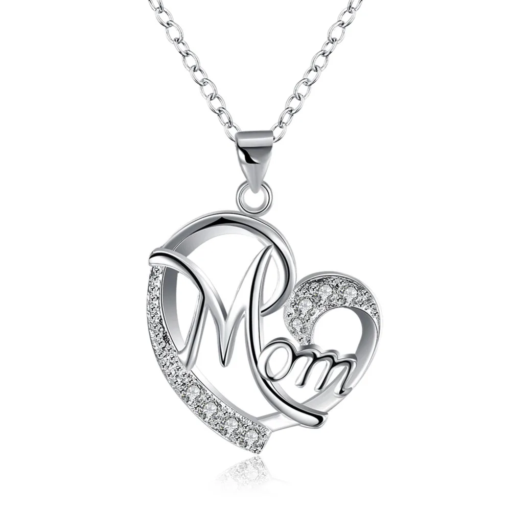 

N849 925 Silver Necklace & Pendants Chain mother's love heart Crystal Gift for Women Men vintage choker fashion Jewelry collares