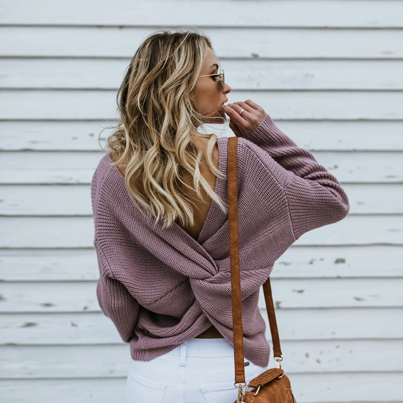 

high quality sweater women Autumn winter Open back cross Knit sweaters fashion soft pullover woman loose soild color