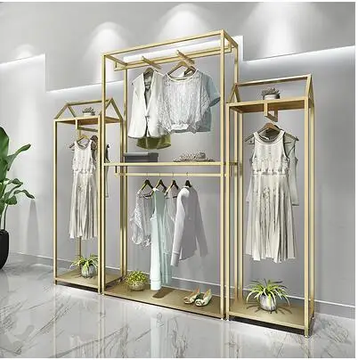 Gold clothing store display rack - style double - layer clothes rack men's and women's clothing store decoration design high.