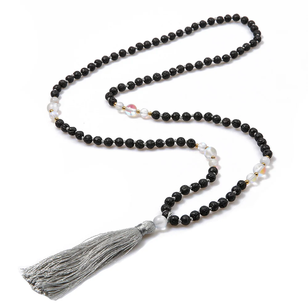 

Fashion Black Lava Stone Clear Matte Bead Necklace Silver Gray Tassel Pendant Long Necklaces Jewelry Bohemia Style Women Bijoux