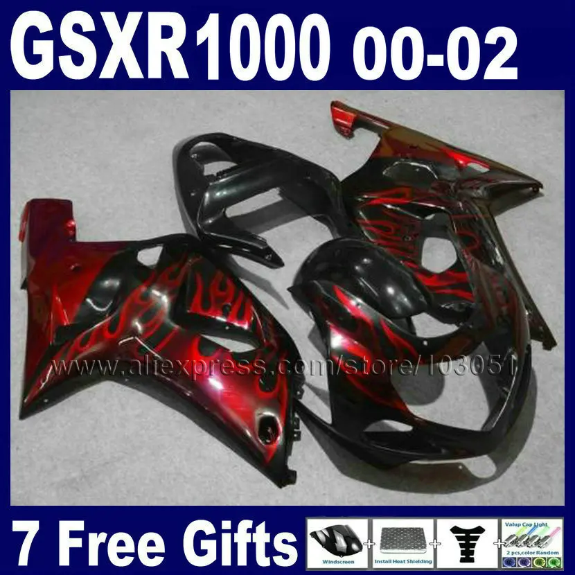 

OEM Injection made Fairings sets for GSXR 1000 K2 SUZUKI 01 00 02 GSXR1000 2002 2001 2000 red flame in black fairing k