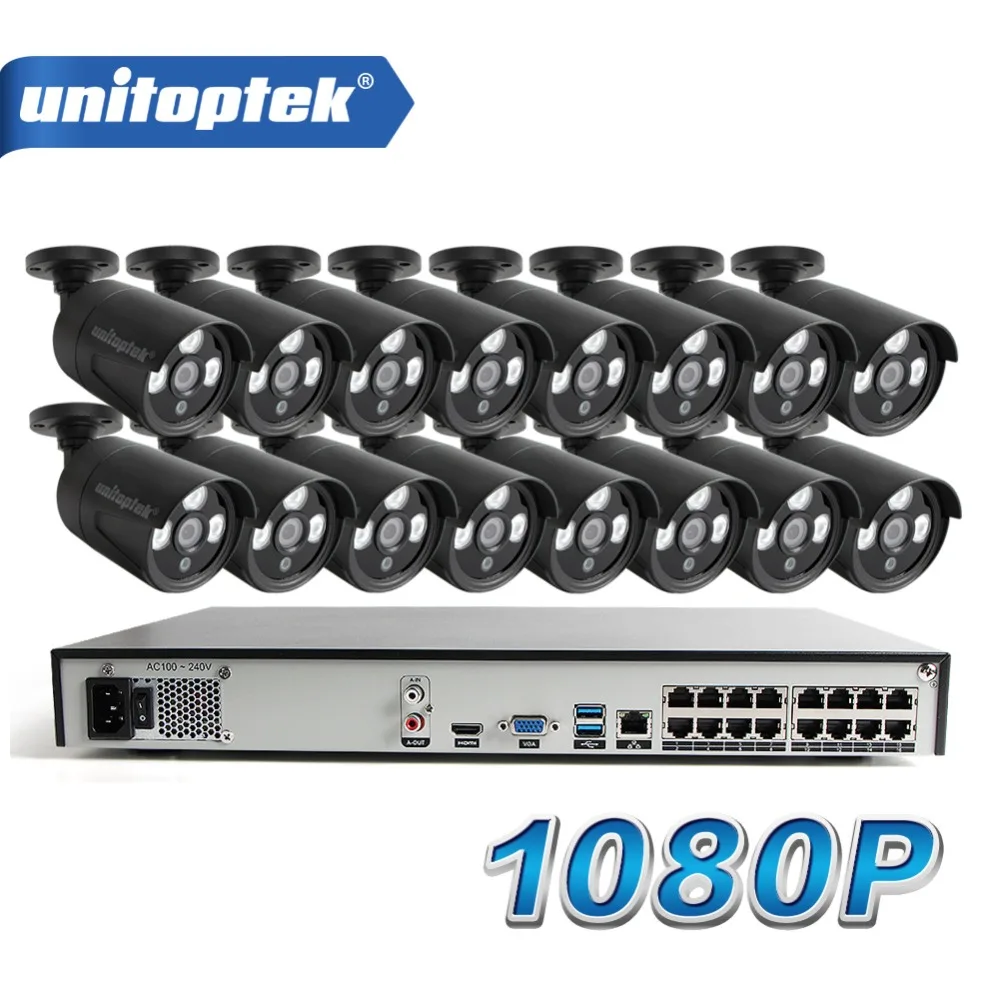 UNITOPTEK 16CH 1080 P POE система NVR комплект с 16 шт. 2.0MP пуля сети IP камера Открытый