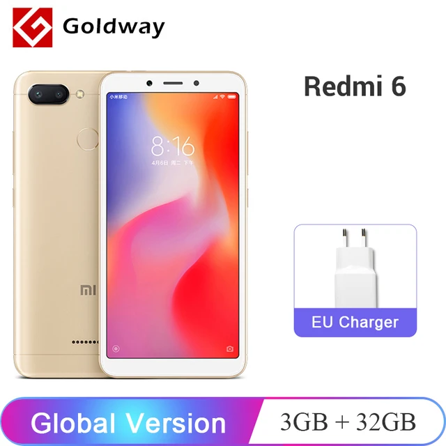 Глобальная версия Xiaomi Redmi 6 3 GB Оперативная память 32 ГБ Встроенная память смартфона Helio P22 Восьмиядерный Процессор 12MP + 5MP две камеры 5,45 "3000 mAh Батарея