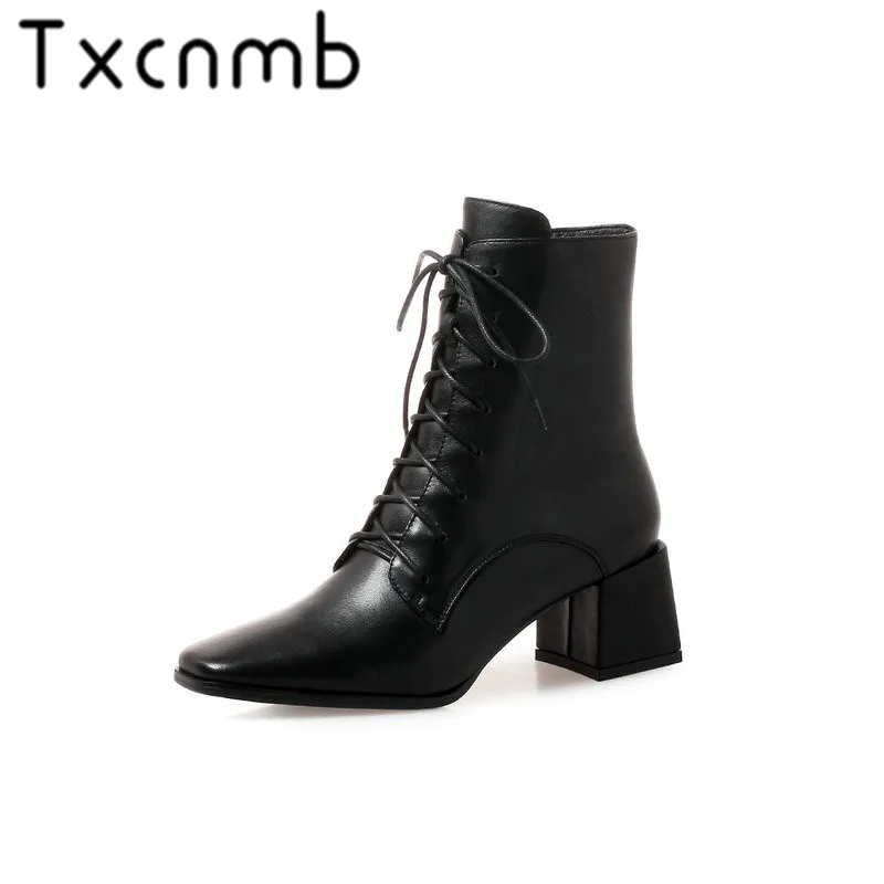 

TXCNMB 2020 Autumn/winter New Fashion Shoes Side Zipper Handmade Genuine Leather Boots Pointed Toe Square Heel Boots Women