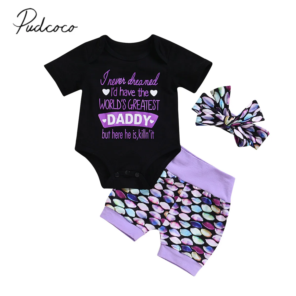 

2018 Brand New Newborn Toddler Infant Baby Girls Cotton Tops Romper Shorts Pants Headband 3Pcs Set Outfits Scales Casual Clothes