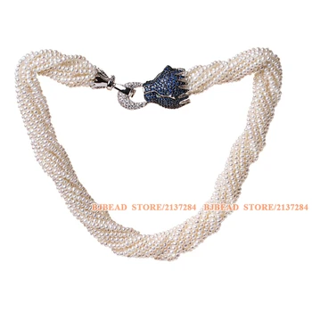 

Multi Twisted Strands Natural Mini 2.5-3mm Highlight White Freshwater Pearl Beads Necklace With Blue Leopard Rhinestone Clasp