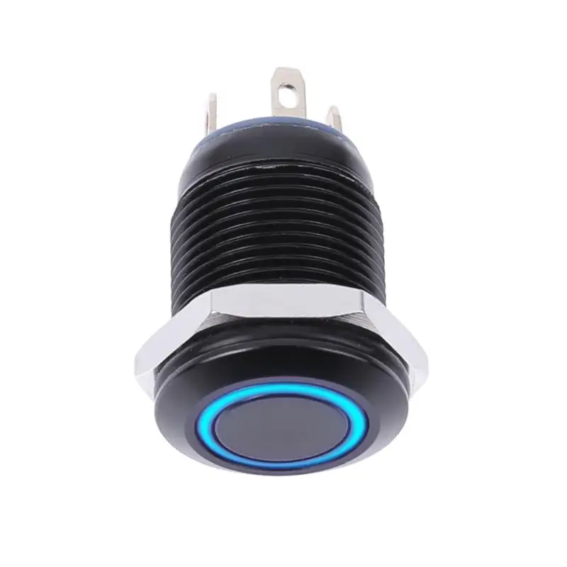 

12mm Waterproof Flat Head Top Metal Momentary Push Button ON-OFF Switch with Circular Blue LED Light Car Motorcycle Swictch