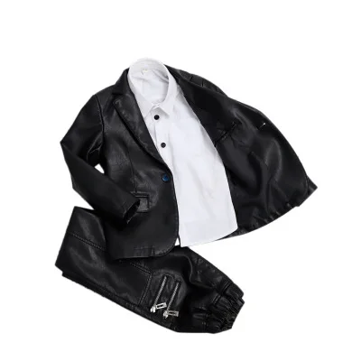 Модный брендовый костюм для мальчиков, джентльменский кожаный пиджак из искусственной кожи для мальчиков+ штаны, деловой костюм из 2 предметов Осенняя детская куртка комплект детской одежды