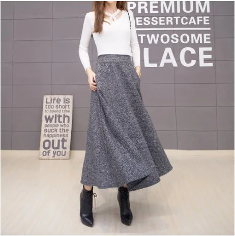 Elegant High Waist Thick Wool Vintage Korean Women Skirts New Female Robe Office Wear Bandage Peated Long Skirts FW119