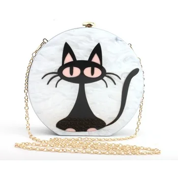 

New Women Black Cat Cute Fashion Bag Female Acrylic Handbag Round Tote Bag Lady Message Bag Fashion Dinner Cartoon Cat Bags