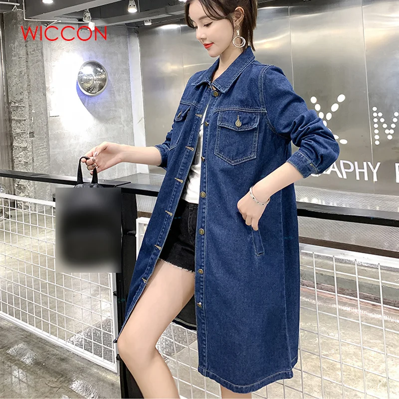 Koop 2020 Lente   Herfst Vrouwen Denim Jas Lange Mouw Lengte Denim Jas Voor Vrouwen Jeans Jas Plus Size Uitloper Grote size