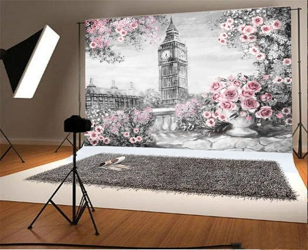 

Photography Backdrop Shabby Chic Big Ben Blooming Fresh Flowers Romantic Scene Floral Backdop Photo Background Party