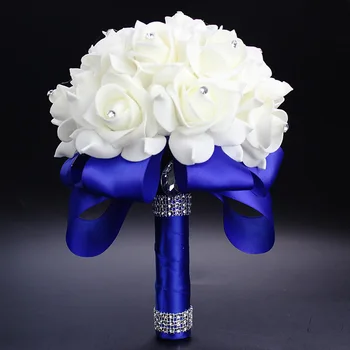 Elegant Royal Blue Purple Red Fuchsia Rose Artificial Bridal Flowers Bride Bouquet Wedding Bouquet Crystal  Silk Ribbon