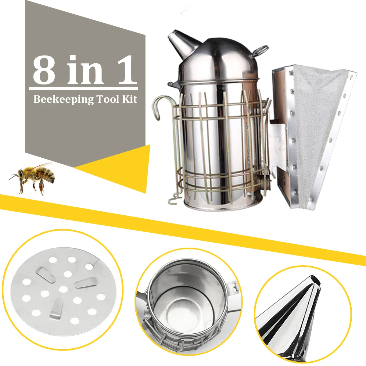 Bee Hive Beekeeping Smoker Set with Stainless Steel Heat Shield Chisel