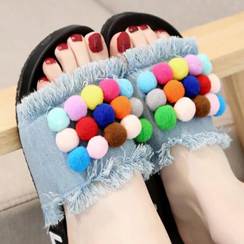 PomPom Sandal Лето г. шлепанцы женские босоножки с кисточками; обувь с маленькими пушистыми помпончиками для флип-флоп в ковбойском стиле обувь на платформе z120