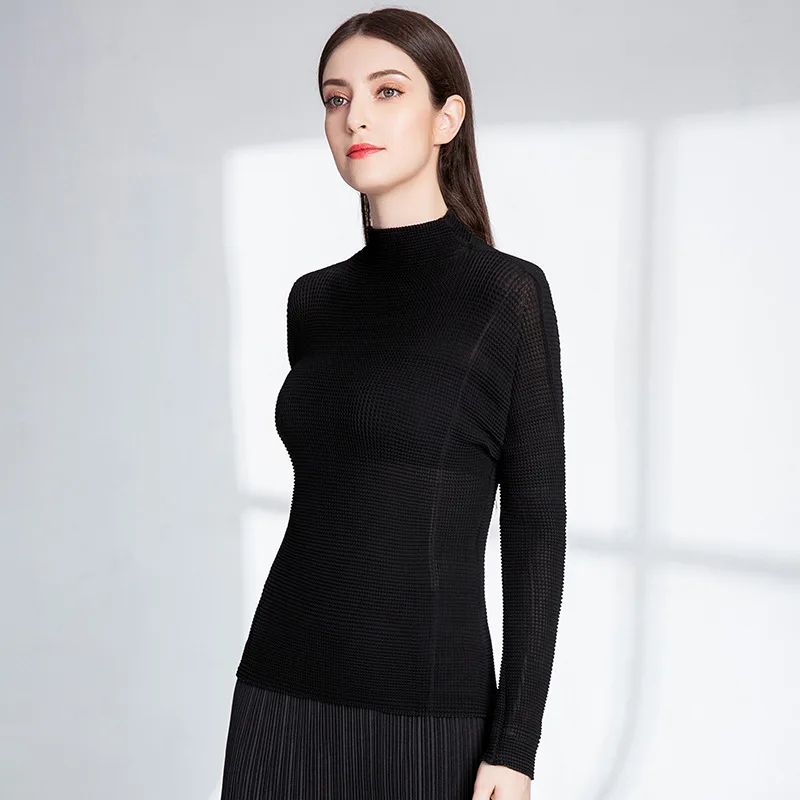 

Tight-fitting Shirt High-necked Spring Women's Clothing 2019 New Super High-elastic T-shirt ISSEY MIYAKE Slim Pleated Top Black