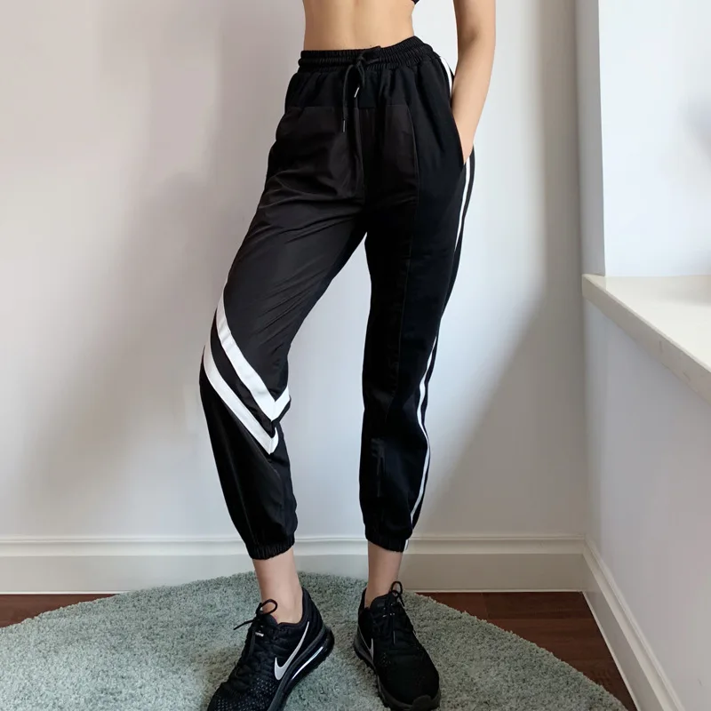 

Summer Thin Styles Sport Gym Pants Women Loose Fit Solid Running Fitness Sweatpants Elastic Jogger Pants with Pocket Side Stripe