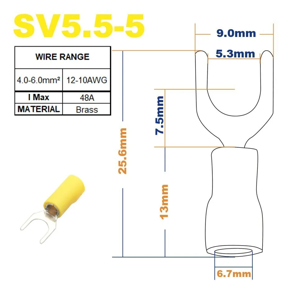 50 шт. Вилка Лопата для обжима изоляции SV1.25-3 SV1.25-4 SV2-3 SV2-4 SV3.5-4 SV3.5-5 SV3.5-6 SV5.5-4 SV5.5-5 разъем провода - Цвет: SV5.5-5