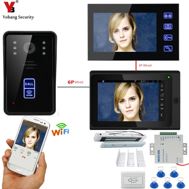 Yobang безопасности приложение Управление 7 дюймов ЖК-дисплей Wi-Fi Беспроводной Видео Домофонные дверной звонок Speakephone домофон Системы RFID