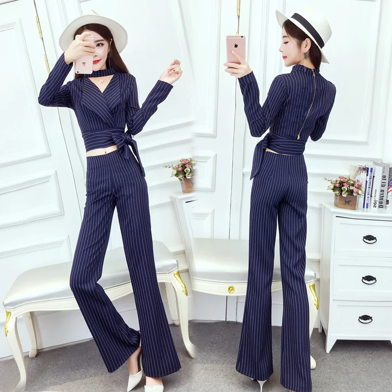 

2018 Spring and Autumn new style Korean temperament Halter long-sleeved suit was thin striped wide leg pants fashion suit female