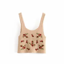 LTD1199061 New Flowers Embroidery Rose Strap Cool Knitting U-Neck Waistcoat Tank Crop Top Women Camisole Pullover Vestidos