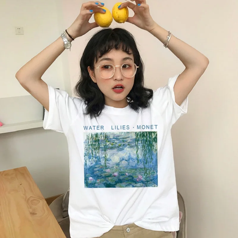 

Water Lilies Monet Print Women tops Summer Fashion New Fashion S-2XL Letter Cartoon Oil Paint Harajuku O-Neck T-Shirt