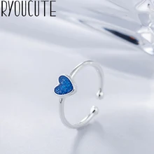 Anéis de prata para mulheres, moda real, cor prata, azul, coração, joia de casamento, punk, retrô, antiguidade, ajustável, tamanho de dedo, anel grande