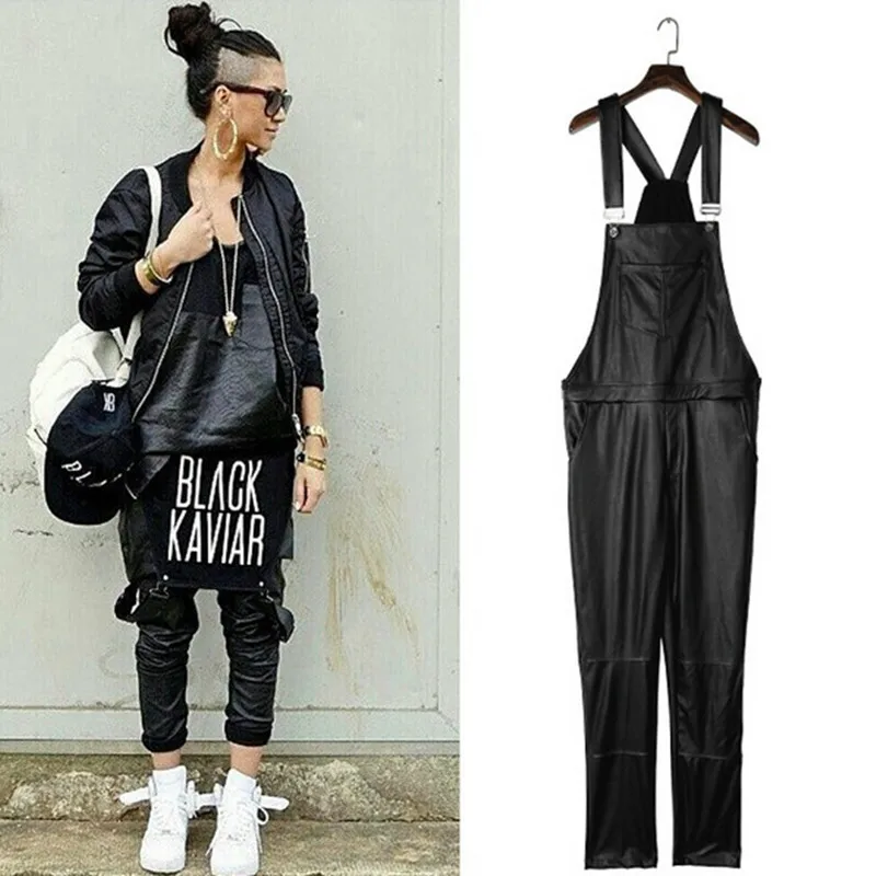 Mens Fashion Jumpsuit Black PU BLACK KAVIAR Print Casual Leather Pant Men Women Jogger Suspender Pants Hip Hop Pants Men