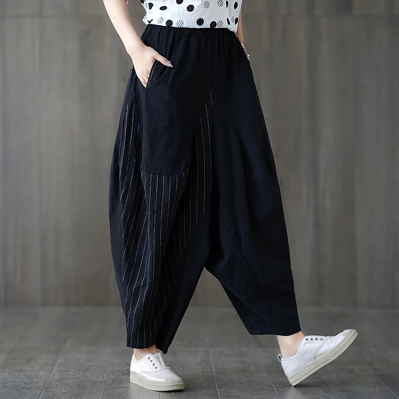 

#0614 Spring Summer Black Trousers Plus Size Cotton Linen Pants Woman Loose Split Joint High Waist Wide Leg Pants Female Joggers