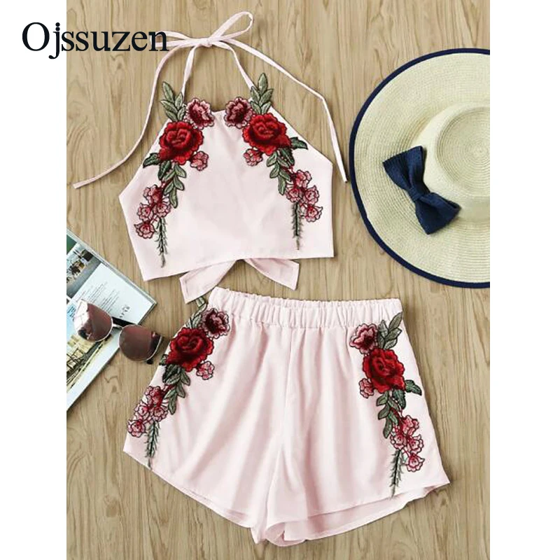 

Floral Two Piece Set Embroidery Women Summer Sexy Blackless Spaghetti Strap Trend Pink Yellow Beach Tops Female Sets Clothes