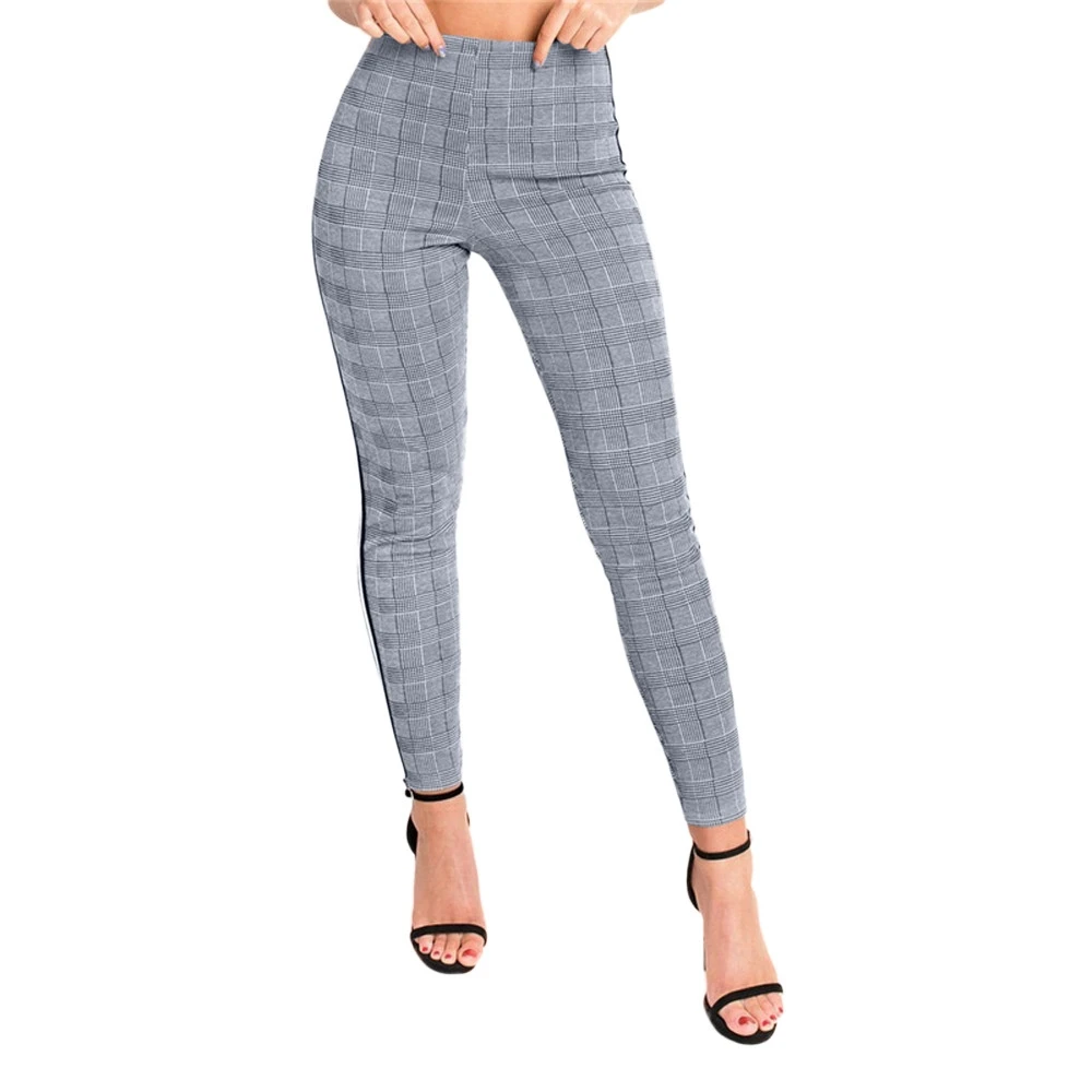 2018 New Warm Fashion Women Sports Pants High Waist Stripe Trimmings Houndstooth Slim Skinny Pants Trousers Autumn Tops  18OCT15