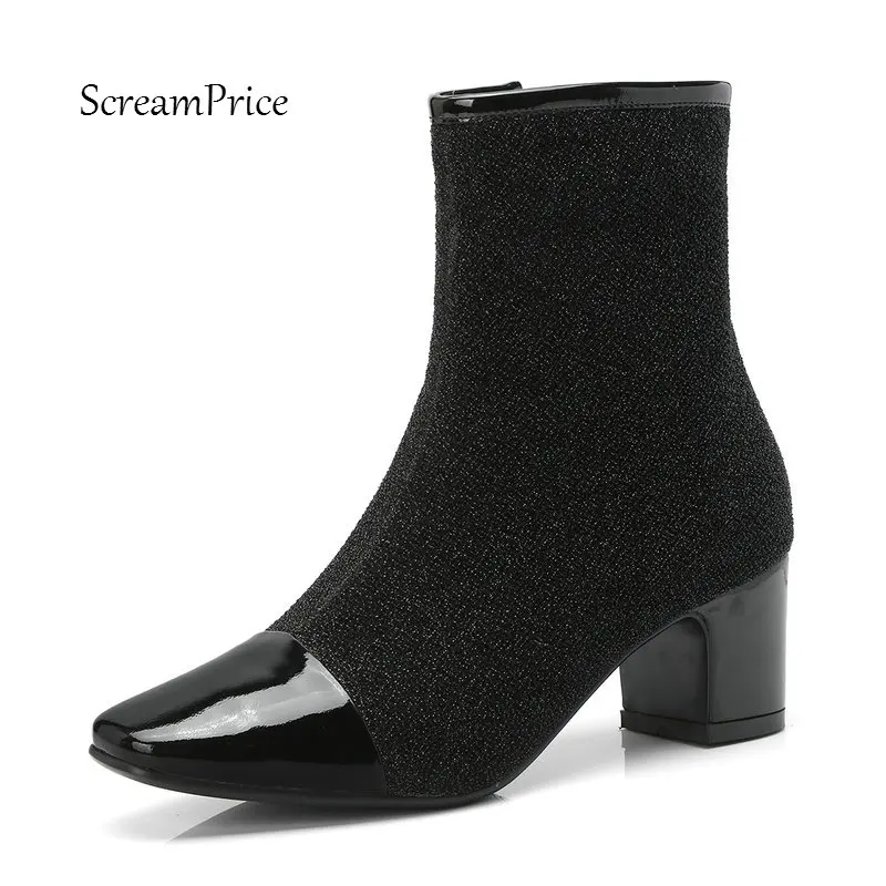 

Women Patent Leather Comfort Low Heel Ankle Boots Fashion Sequined Cloth Zipper Square Toe Fall Winter Bootie Black Silver