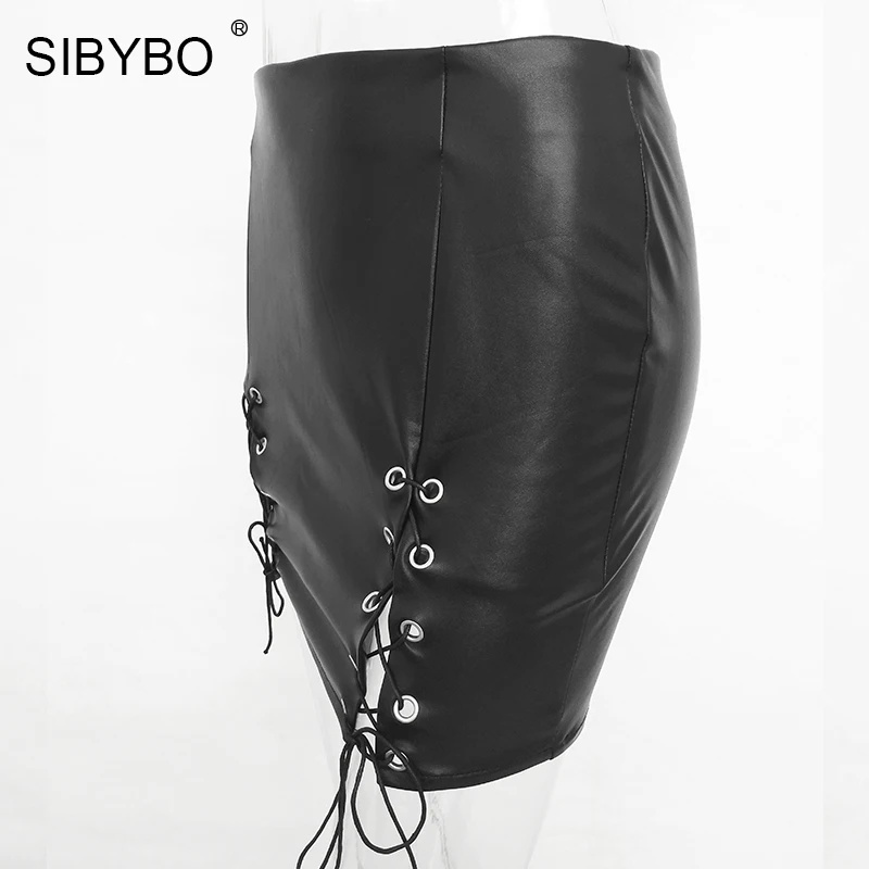 SIBYSO черная юбка-карандаш с перекрещивающимися крест-накрест, женская элегантная мини-юбка из искусственной кожи с высокой талией, сексуальная короткая облегающая юбка на молнии