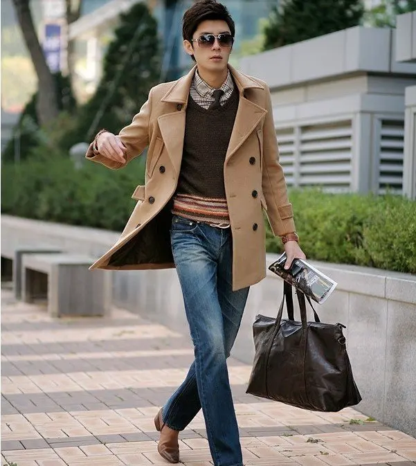 Мужское длинное пальто мужское корейское Мужское пальто двубортное шерстяное пальто Мужская льняная куртка хаки черный/S-3XL - Цвет: Хаки