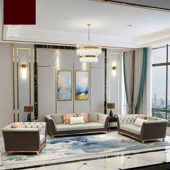 

American apartment modern light luxury stainless steel frame italian leather sofa