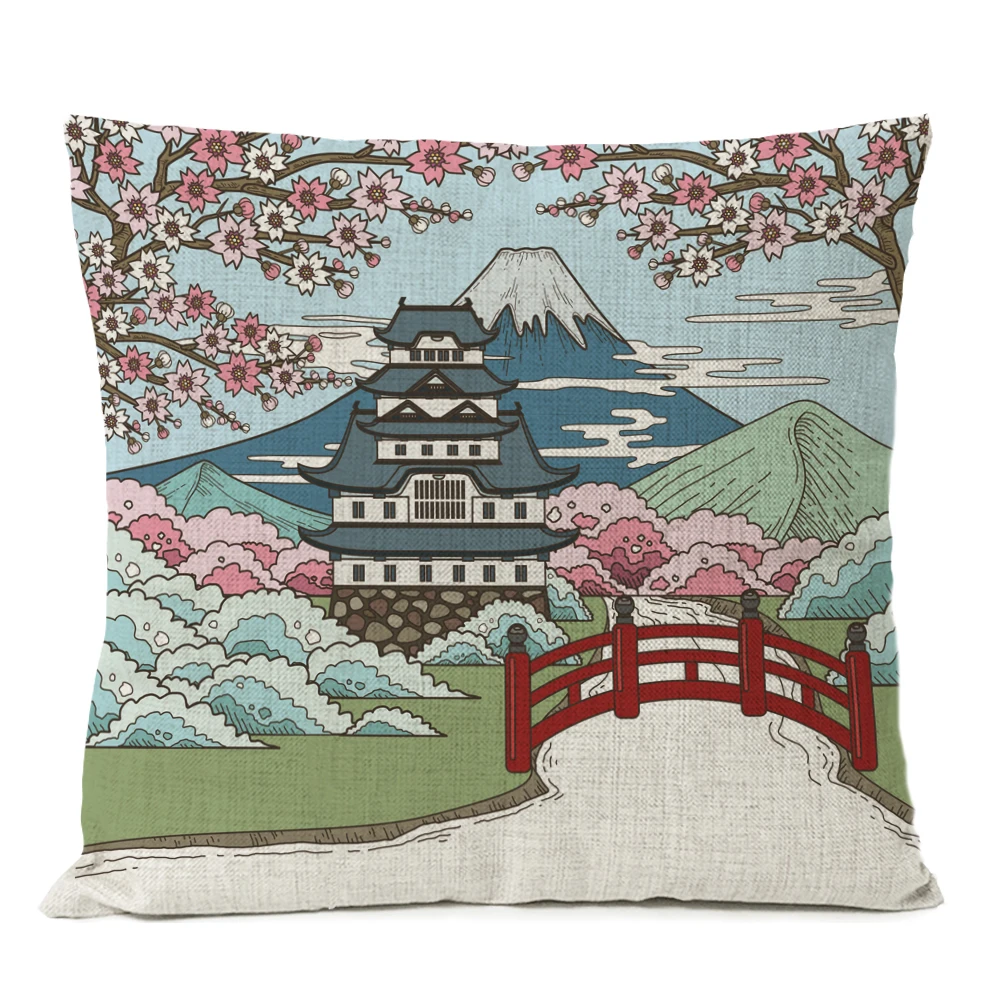 Japanese Fuji Cherry Cushion Cover Home Decorative Pillows Japan Ukiyo-e Wave Pillow Cover Linen Pillow Case Cojines Almofada - Цвет: 17