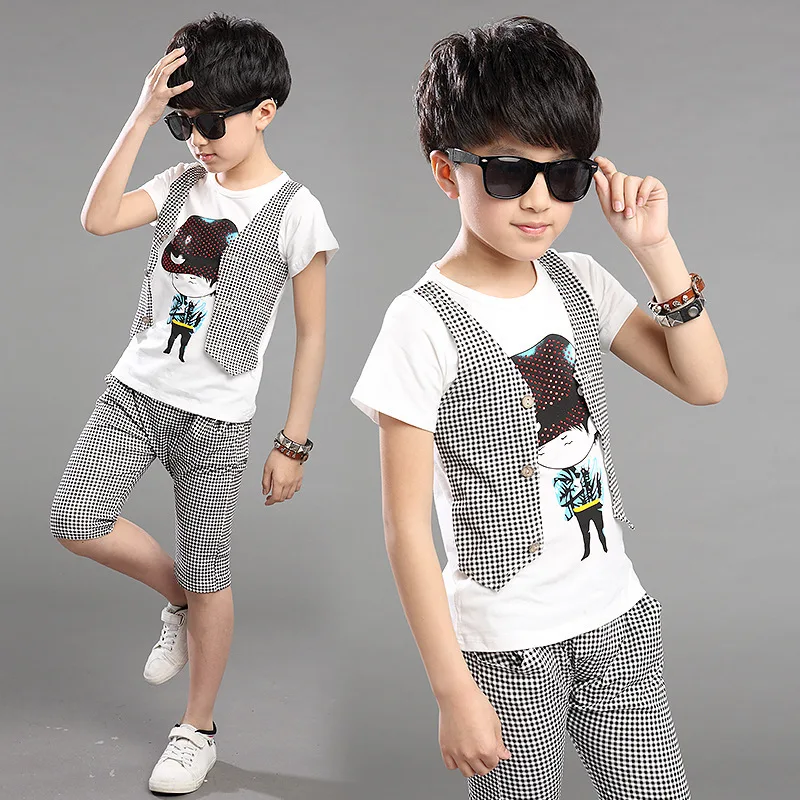 2Pcs Boy Clothing Set Gentleman Suit 2017 Summer Boys Plaid Clothing