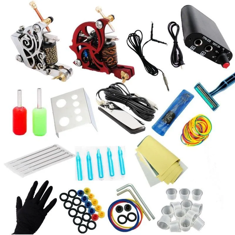 Complete 2 Tattoo Machine Power Supply Foot Pedal Clip Cord Grip Needle Tips Kit TM KIT