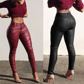 

Sexy Women Ladies Leather Skinny Mid Waist Leggings Stretchy Pencil Pants Solid PU Leather Long Pant Trousers