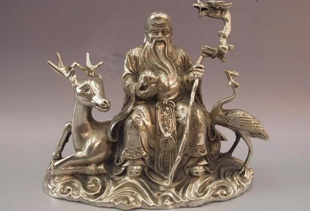 

USPS to USA S0846 Chinese White Copper Bronze Silver Ride Deer Longevity Crane god Buddha Statue (B0328)