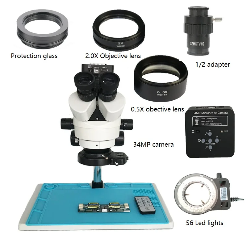 

7X-45X simul-focal Trinocular Stereo Microscope 34MP HDMI digital microscopio camera 0.5X 2.0X auxiliary objective barlow lens